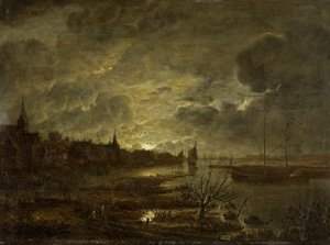 En landsby ved en flod ved måneskin, ca. 1645-1700